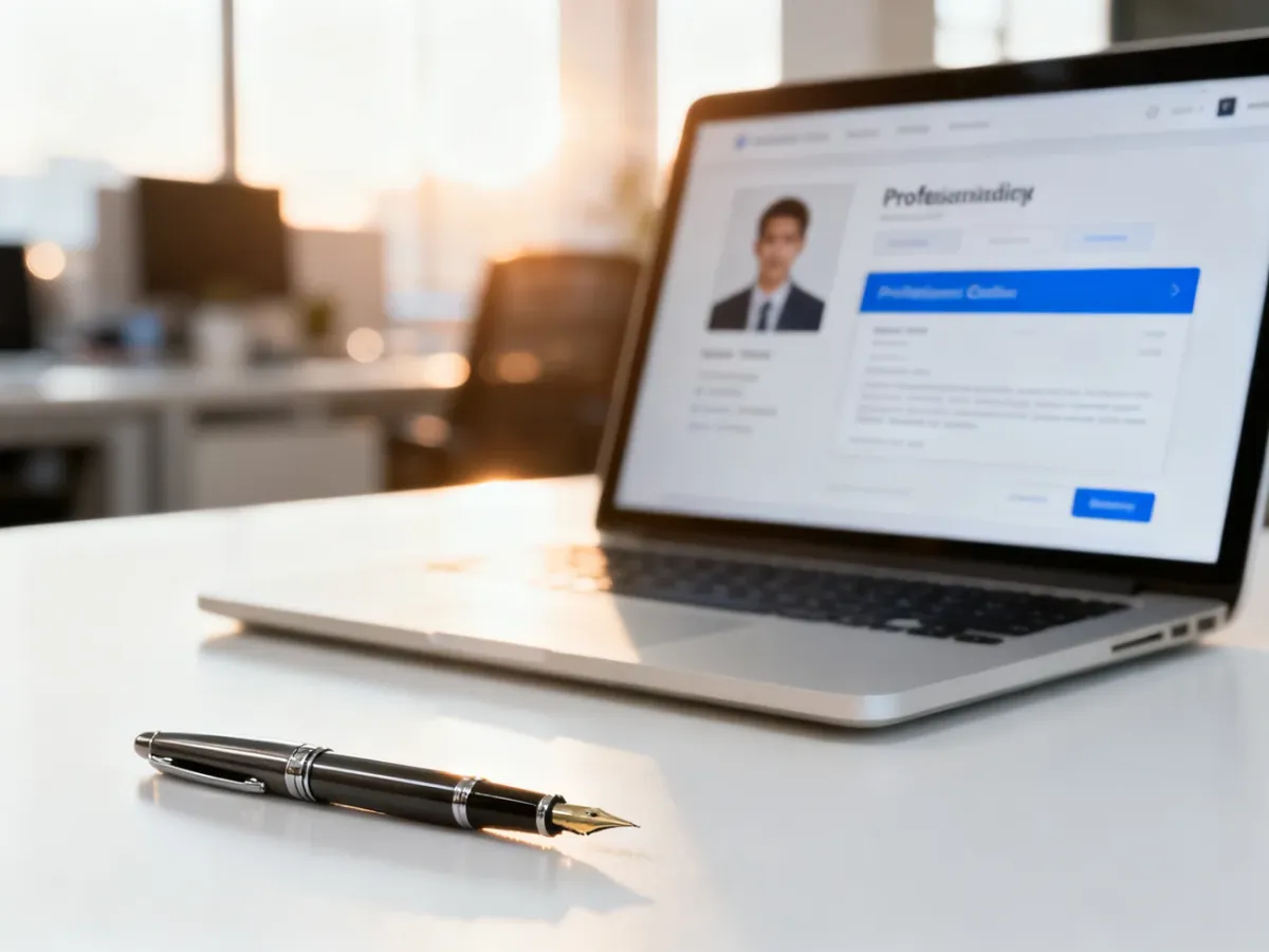 Laptop z otwartym profilem zawodowym na biurku, symbolizujący proces dodawania certyfikatów na LinkedIn.