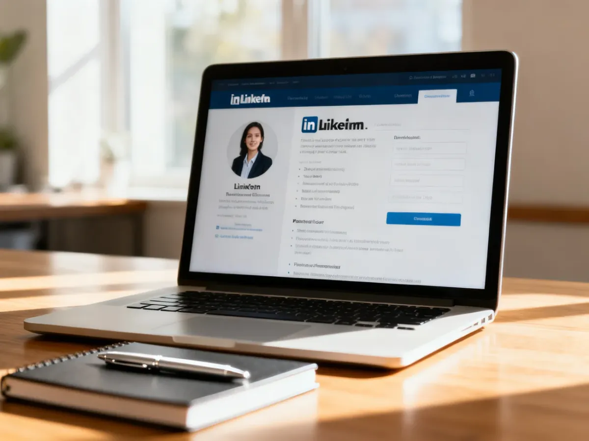Nowoczesny laptop z otwartym profilem LinkedIn na biurku, symbolizujący przygotowanie do budowania profesjonalnego wizerunku.