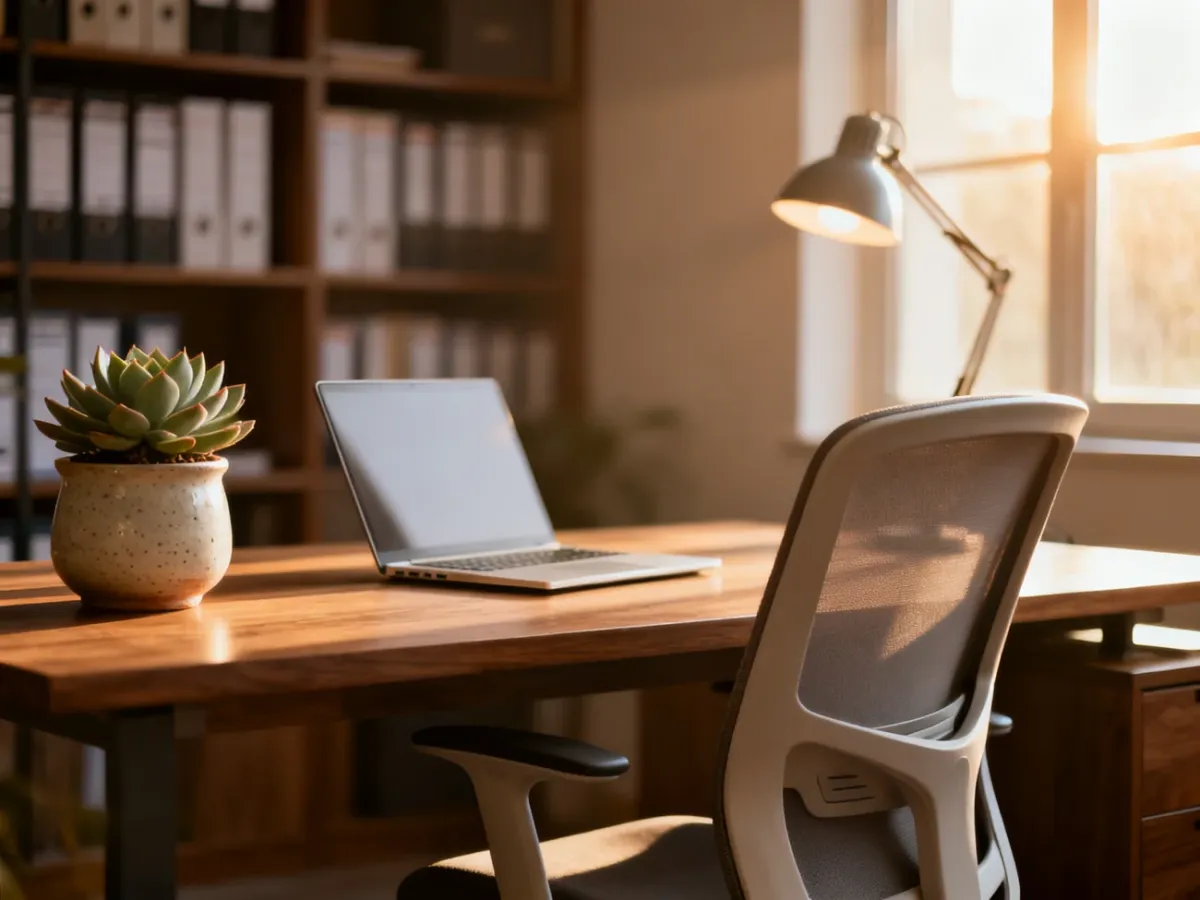 Nowoczesne domowe biuro z minimalistycznym biurkiem, laptopem i ergonomicznym krzesłem w ciepłym świetle poranka.
