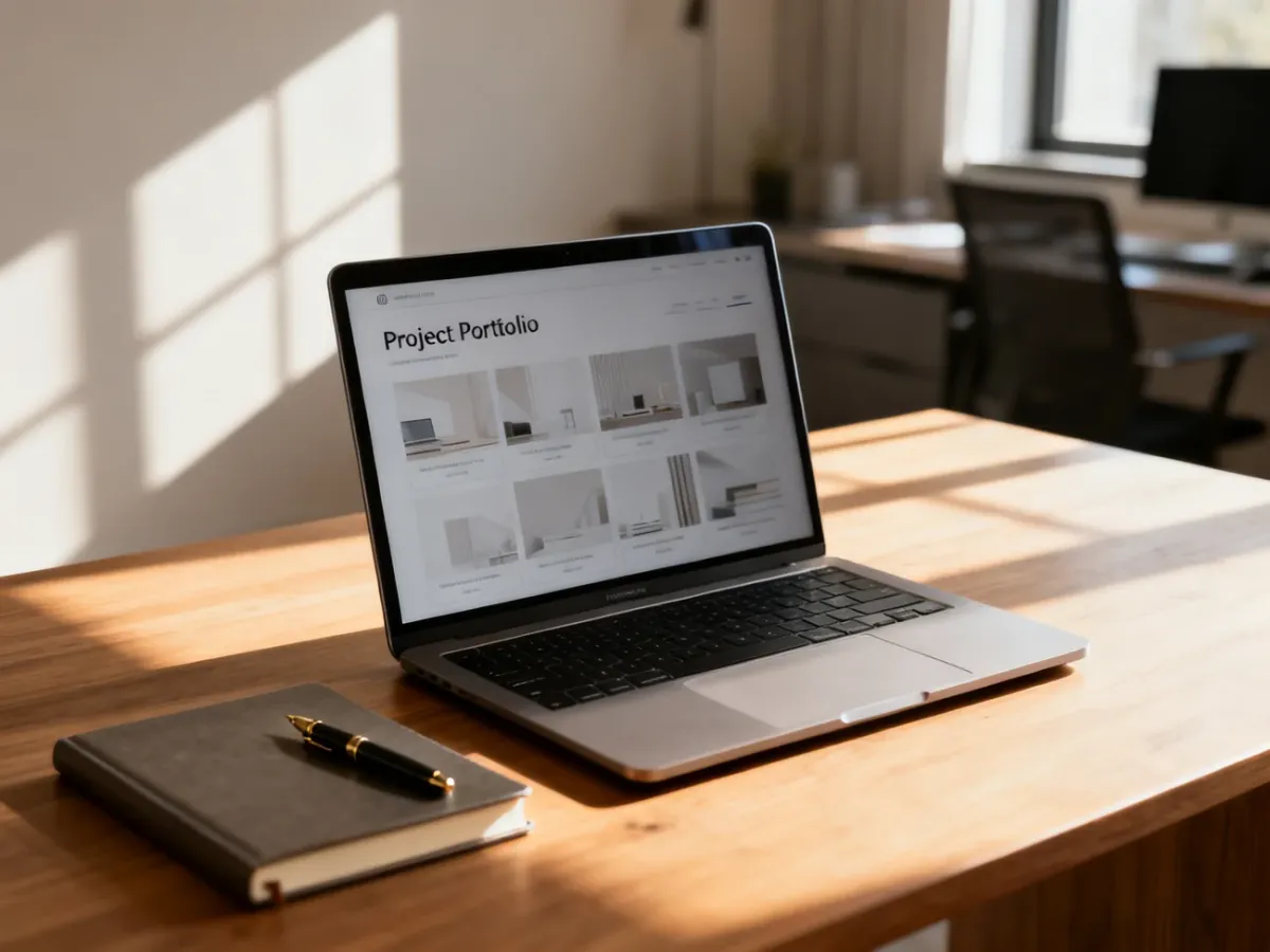 Minimalistyczne biurko z laptopem prezentującym portfolio projektowe, notatnikiem i piórem w profesjonalnym biurze.