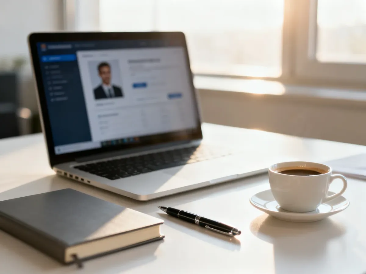 Nowoczesne stanowisko pracy z laptopem, notatnikiem i kawą, sprzyjające profesjonalnej edycji profilu na LinkedIn.