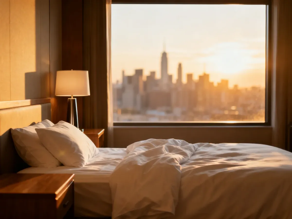 Przytulny pokój hotelowy z widokiem na panoramę miasta w świetle zachodzącego słońca.