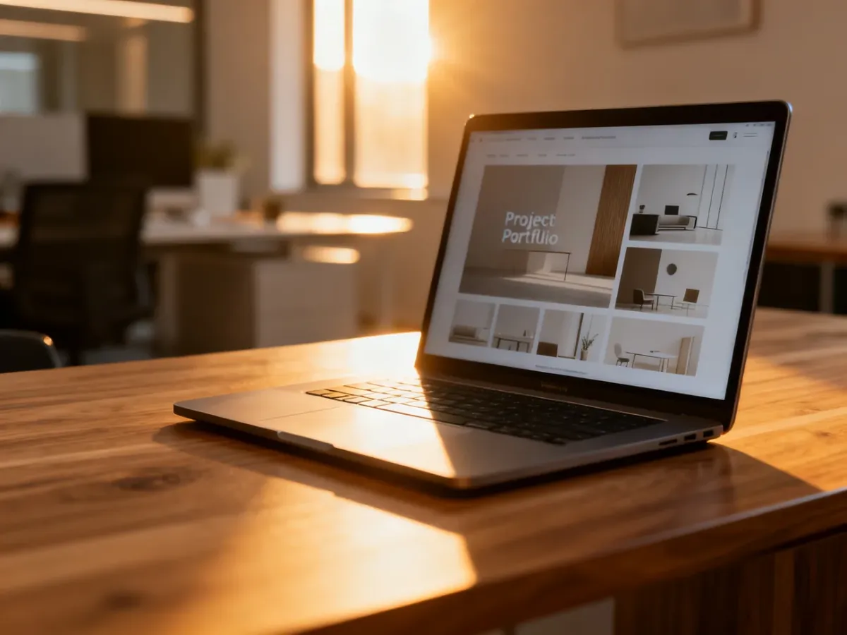 Nowoczesny laptop na biurku z otwartym portfolio projektowym w słonecznym, profesjonalnym biurze.