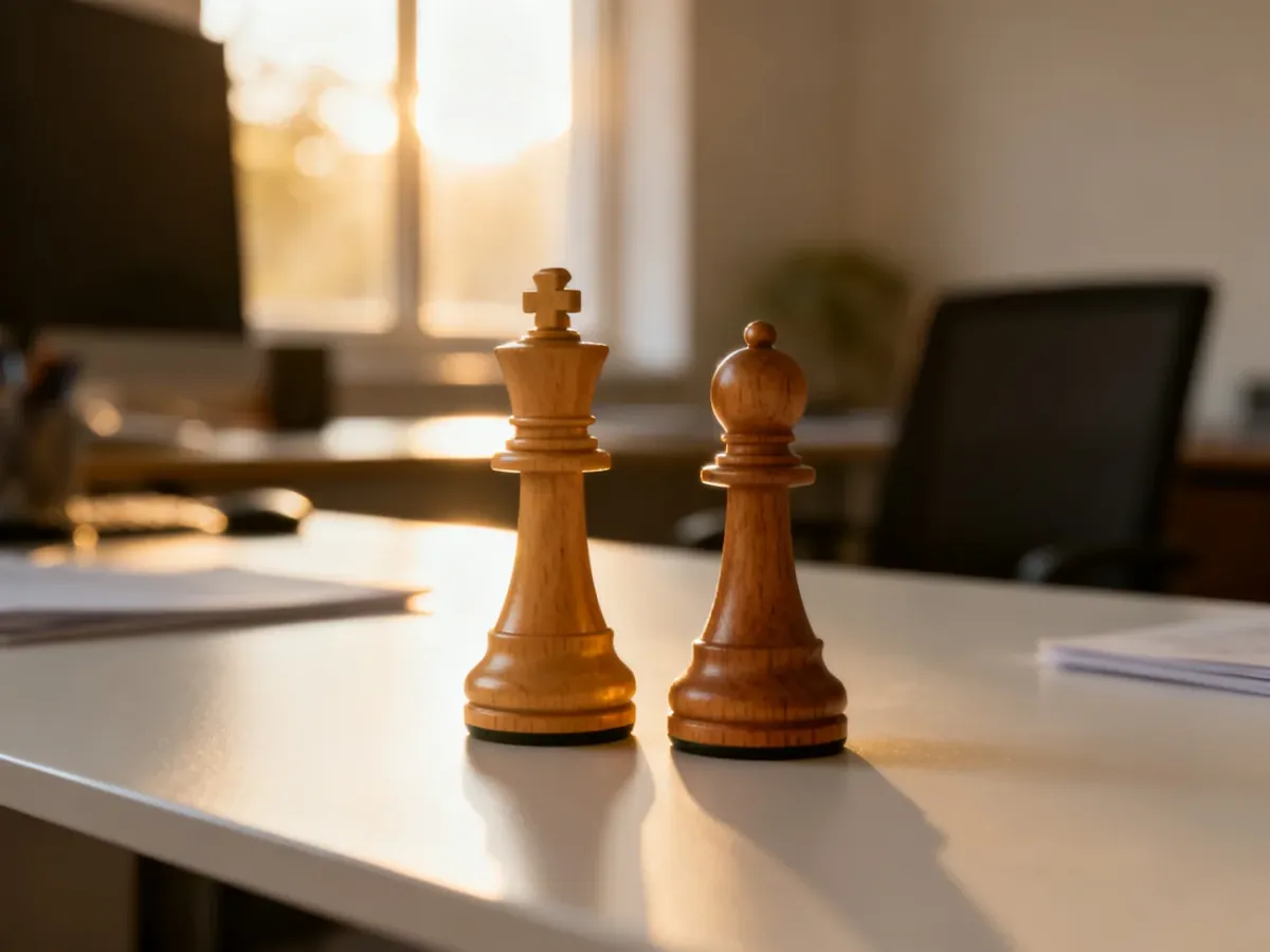Drewniane figury szachowe na biurku, symbolizujące strategię i wsparcie w procesie mentoringu.