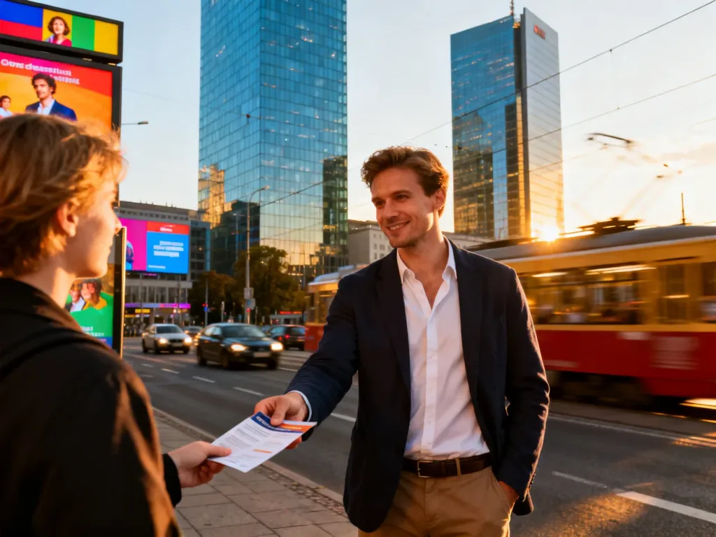 Mężczyzna wręcza ulotkę na ruchliwej ulicy Warszawy otoczonej reklamami i biurowcami, dynamiczna scena miejska, no text on the picture