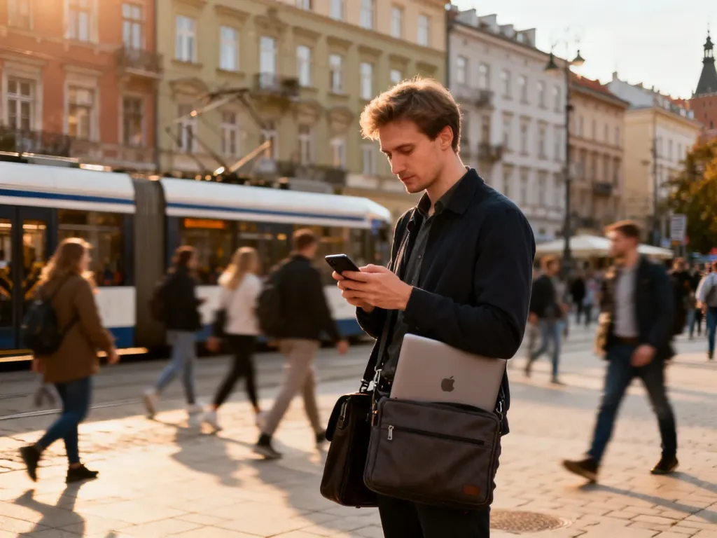 Mężczyzna na krakowskiej ulicy przegląda oferty pracy w telefonie, w tle ruch miejski i zabytkowe kamienice, no text on the picture