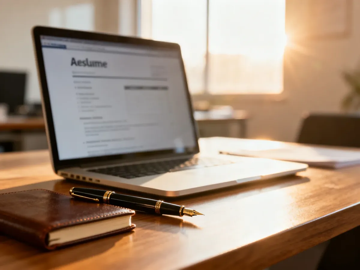 Nowoczesne biurko z laptopem wyświetlającym szablon CV oraz notatnikiem, symbolizujące profesjonalne przygotowanie do aktualizacji życiorysu.